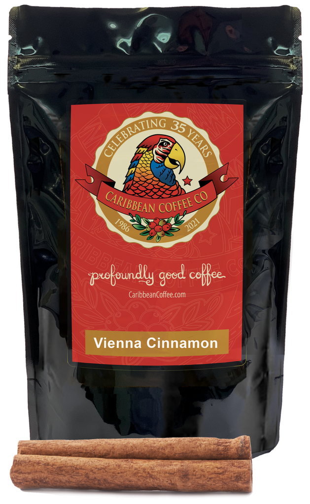 Vienna Cinnamon Flavored Coffee from Caribbean Coffee in Santa Barbara, California. Mix with vanilla milk and cardamom for added flavor.