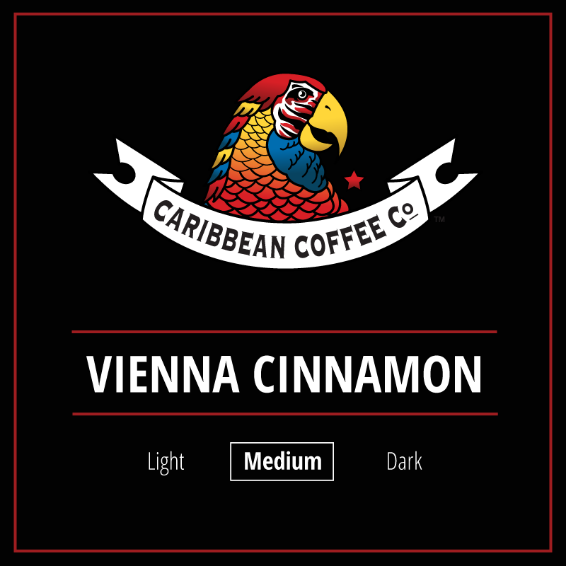 Medium roast Vienna Cinnamon Flavored Coffee from Caribbean Coffee Company in Santa Barbara, California.